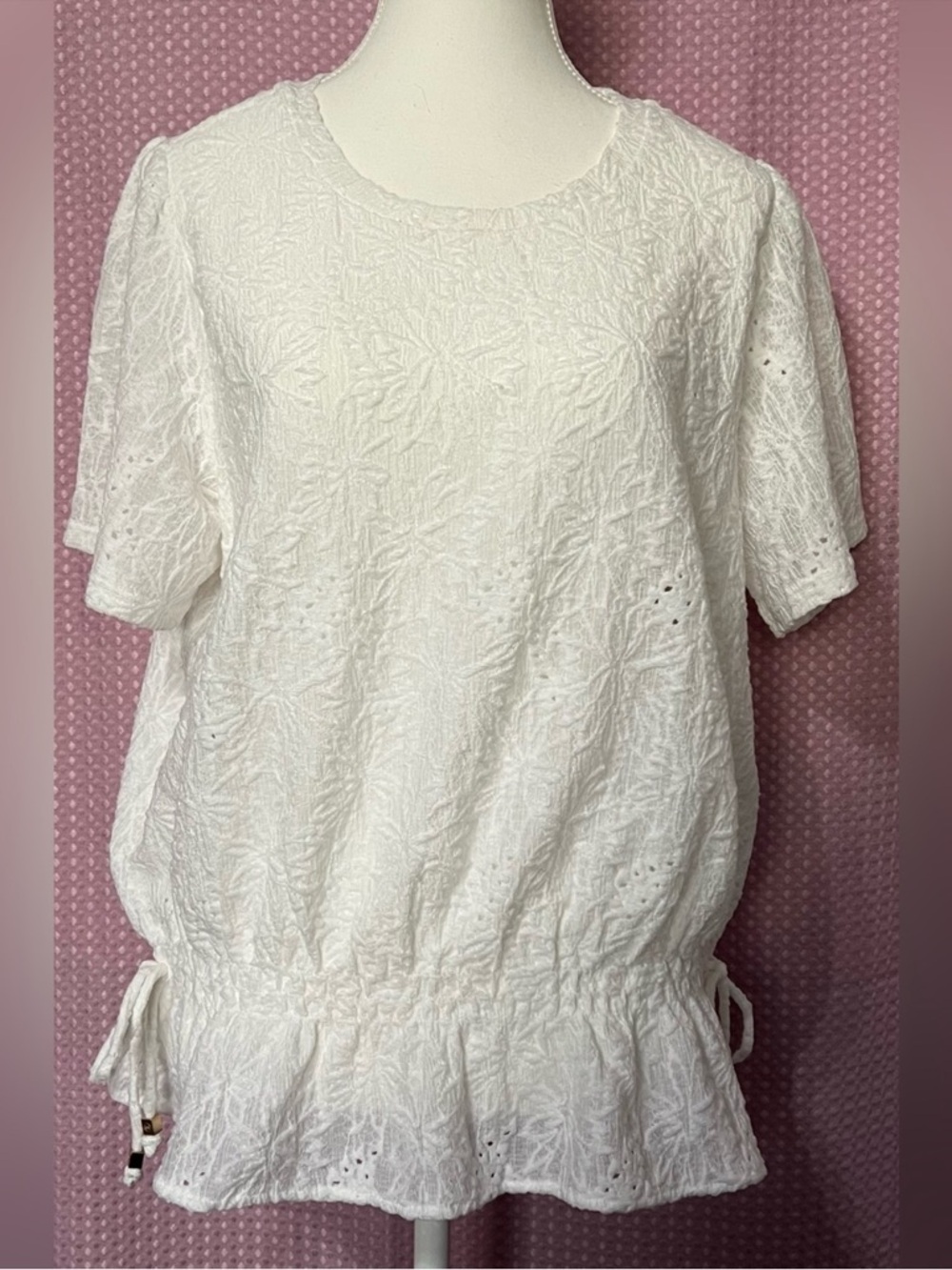 Michael Kors White Eyelet Short Sleeve Drawstring Peasant Top